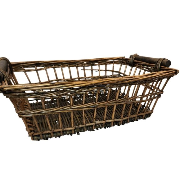 Vintage Rustic Wicker Basket Wooden Handles Rectangular Storage Organizer 14x10x - Picture 2 of 9